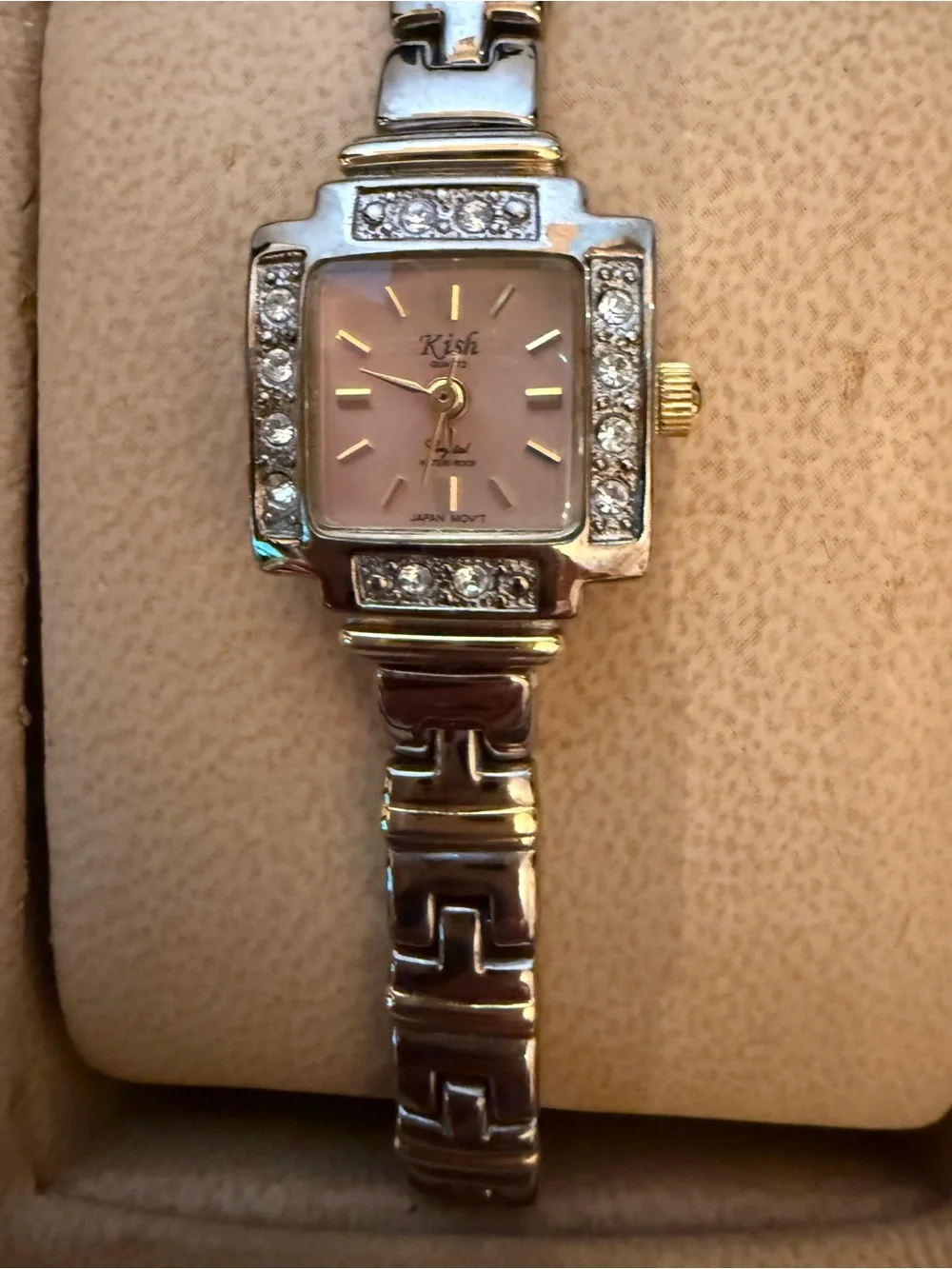 KISH Women's Silver-Tone Bracelet Watch with Pink Dial and Crystal Accents Vtg.